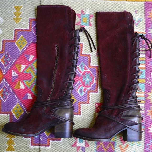 Freebird by Steven Shoes - Freebird by Steven Wine Distressed Laced Knee Heeled Leather Boots, Size 7